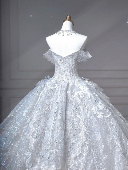 Timeless Ball Gown Off The Shoulder Light Blue Sequin Lace With Beaded Bodice Princess Wedding Dresses MP006