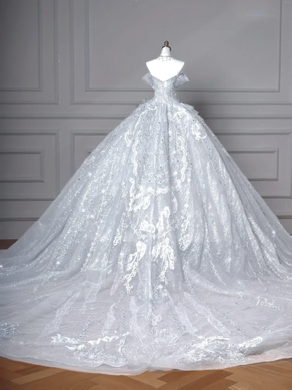 Timeless Ball Gown Off The Shoulder Light Blue Sequin Lace With Beaded Bodice Princess Wedding Dresses MP006