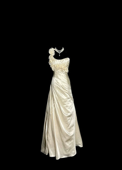 Elegant Mermaid One Shoulder Ivory With Flowers Garden Princess Bridal Gowns Wedding Dresses MP501