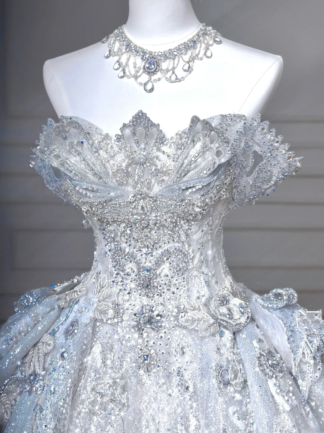 Timeless Ball Gown Off The Shoulder Light Blue Sequin Lace With Beaded Bodice Princess Wedding Dresses MP006