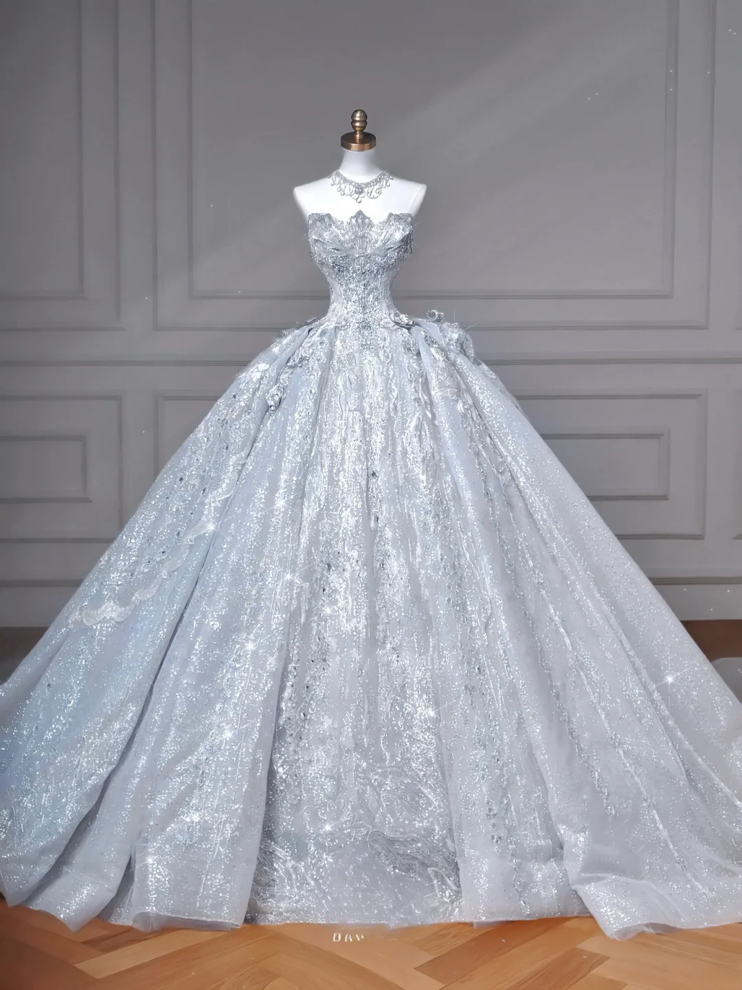 Timeless Ball Gown Off The Shoulder Light Blue Sequin Lace With Beaded Bodice Princess Wedding Dresses MP006