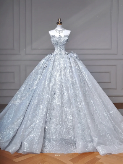 Timeless Ball Gown Off The Shoulder Light Blue Sequin Lace With Beaded Bodice Princess Wedding Dresses MP006