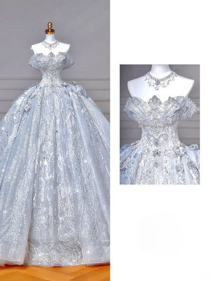 Timeless Ball Gown Off The Shoulder Light Blue Sequin Lace With Beaded Bodice Princess Wedding Dresses MP006