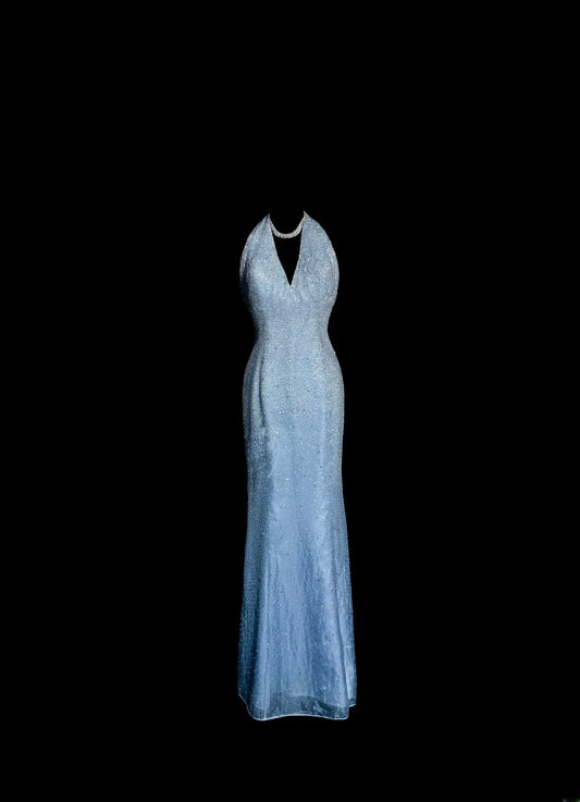 Sparkly Mermaid Halter Blue With Beading Backless Sleeveless Masquerade Prom Dresses Long Formal Dress Graduation Gown MP503