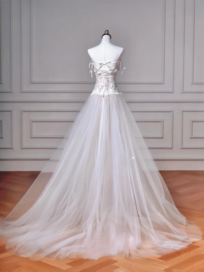 Simple A line Spaghetti Strap White Lace With Bow-knot Bodice Princess Wedding Dresses MP007
