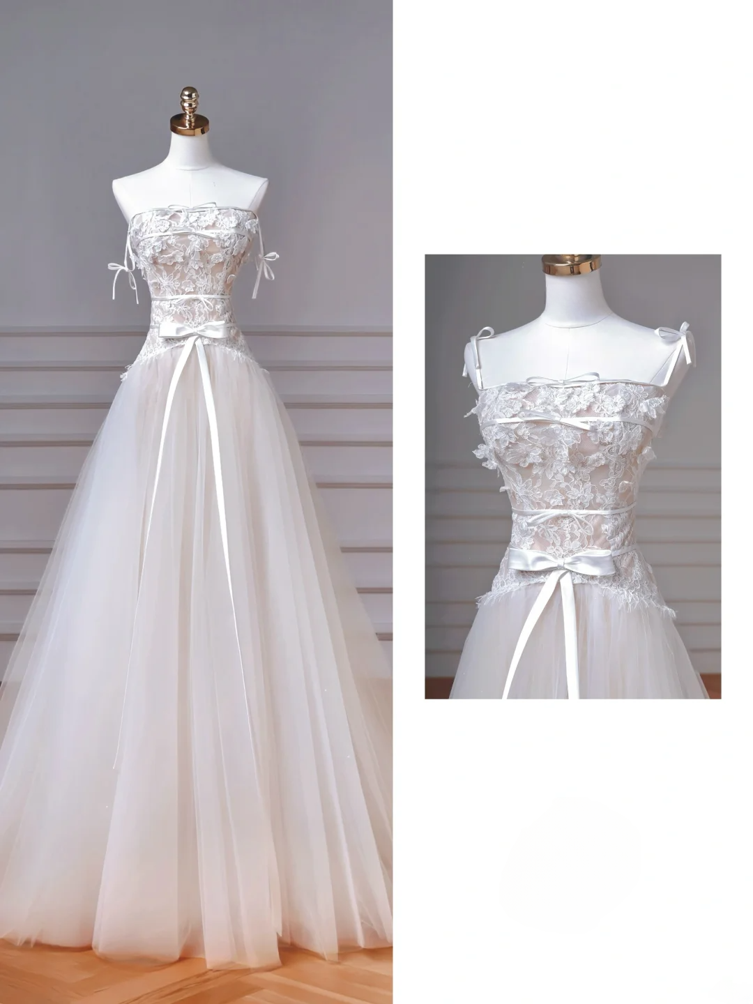 Simple A line Spaghetti Strap White Lace With Bow-knot Bodice Princess Wedding Dresses MP007