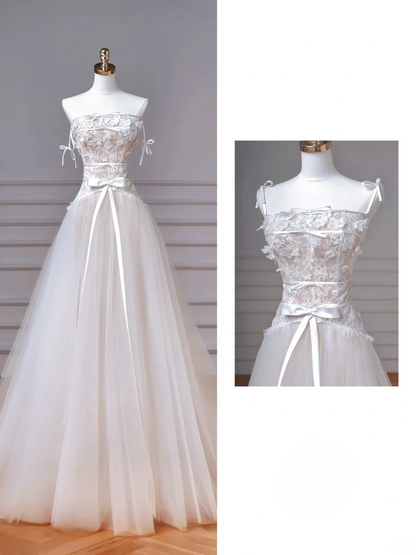 Simple A line Spaghetti Strap White Lace With Bow-knot Bodice Princess Wedding Dresses MP007