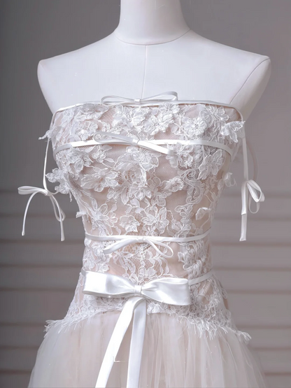 Simple A line Spaghetti Strap White Lace With Bow-knot Bodice Princess Wedding Dresses MP007