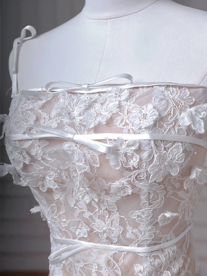 Simple A line Spaghetti Strap White Lace With Bow-knot Bodice Princess Wedding Dresses MP007