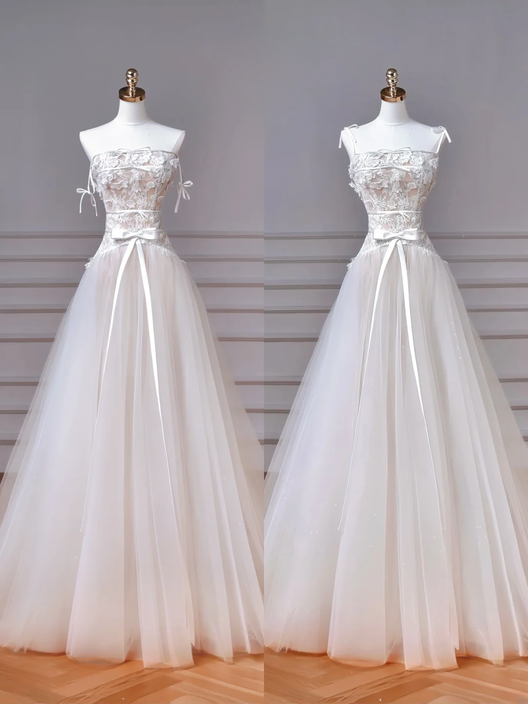 Simple A line Spaghetti Strap White Lace With Bow-knot Bodice Princess Wedding Dresses MP007