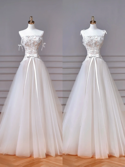 Simple A line Spaghetti Strap White Lace With Bow-knot Bodice Princess Wedding Dresses MP007