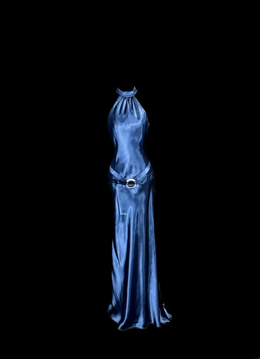 Modest Mermaid Halter Navy Blue Satin With Ruffles Backless Prom Dresses Long Formal Dress Graduation Gown MP505