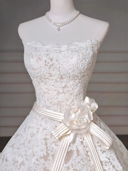 Timeless Ball Gown Strapless Lace Sleeveless With Flower Bridal Gowns Princess Wedding Dresses MP008