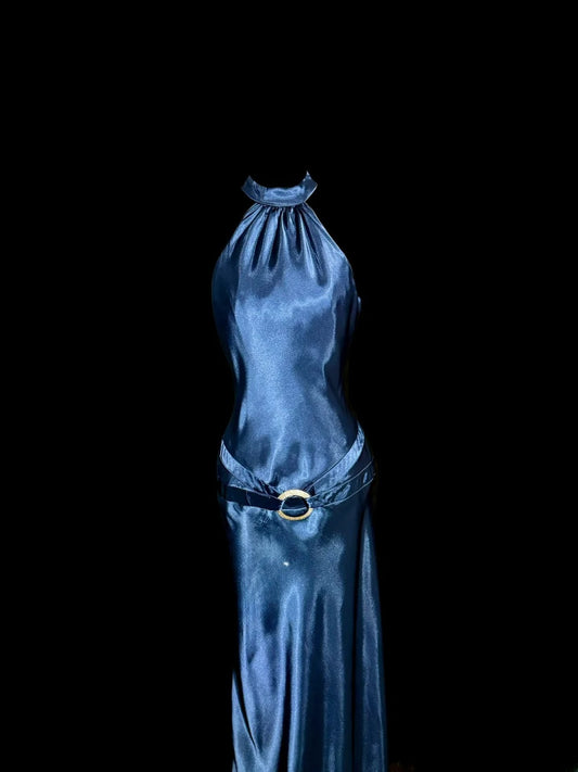 Modest Mermaid Halter Navy Blue Satin With Ruffles Backless Prom Dresses Long Formal Dress Graduation Gown MP505