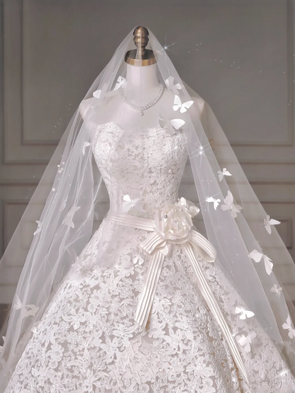 Timeless Ball Gown Strapless Lace Sleeveless With Flower Bridal Gowns Princess Wedding Dresses MP008
