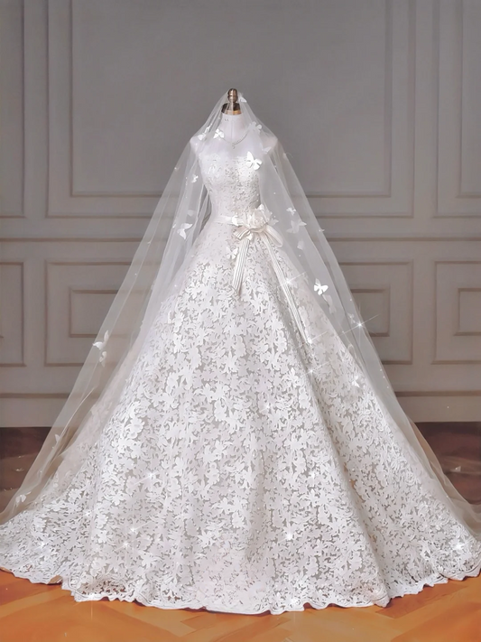 Zeitloses Ballkleid Trägerlos Spitze Ärmellos Mit Blume Brautkleider Prinzessin Hochzeitskleider MP008