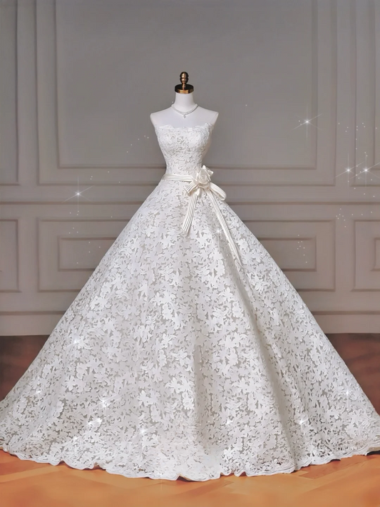 Zeitloses Ballkleid Trägerlos Spitze Ärmellos Mit Blume Brautkleider Prinzessin Hochzeitskleider MP008