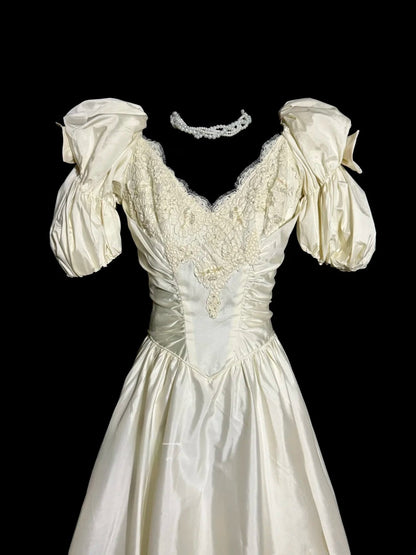 Vintage A-Linie V-Ausschnitt 1960er Elfenbein Spitze Teelänge Prinzessin Brautkleider MP506