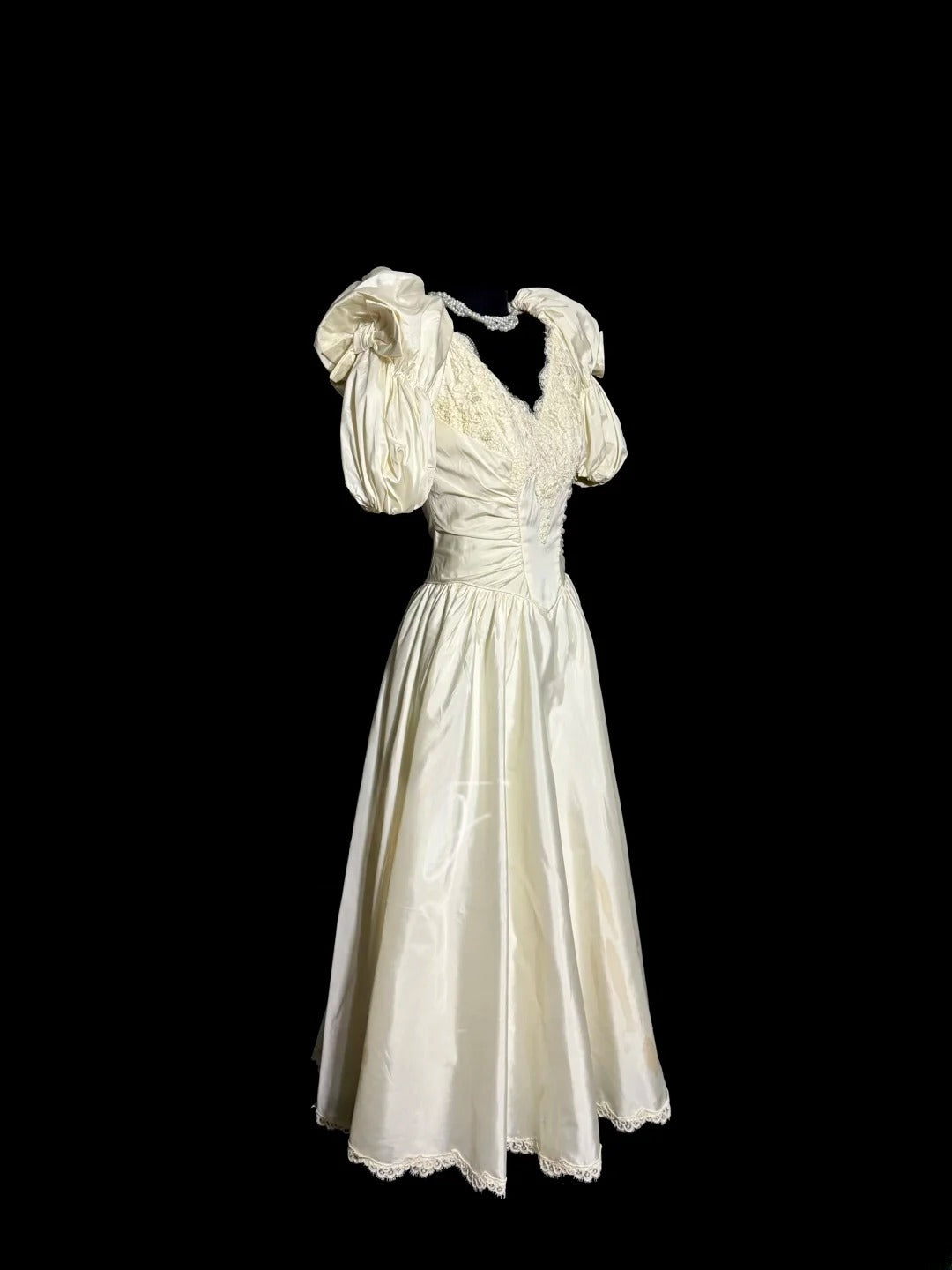 Vintage A-Linie V-Ausschnitt 1960er Elfenbein Spitze Teelänge Prinzessin Brautkleider MP506