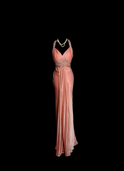 Modest Mermaid Coral Halter Satin With Beading Backless Prom Dresses Long Formal Dress Graduation Gown MP506