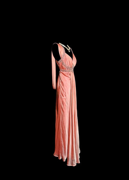 Modest Mermaid Coral Halter Satin With Beading Backless Prom Dresses Long Formal Dress Graduation Gown MP506