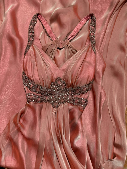 Modest Mermaid Coral Halter Satin With Beading Backless Prom Dresses Long Formal Dress Graduation Gown MP506