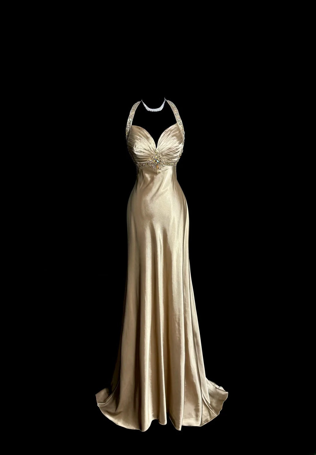 Modest Mermaid Champagne Halter Satin With Beading Backless Prom Dresses Long Formal Dress Graduation Gown MP507
