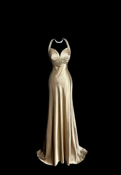Modest Mermaid Champagne Halter Satin With Beading Backless Prom Dresses Long Formal Dress Graduation Gown MP507