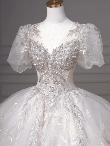 Timeless Ball Gown V Neck Short Sleeves Tulle With Lace Appliques Beaded Crystals Princess Bridal Gown Wedding Dresses MP009