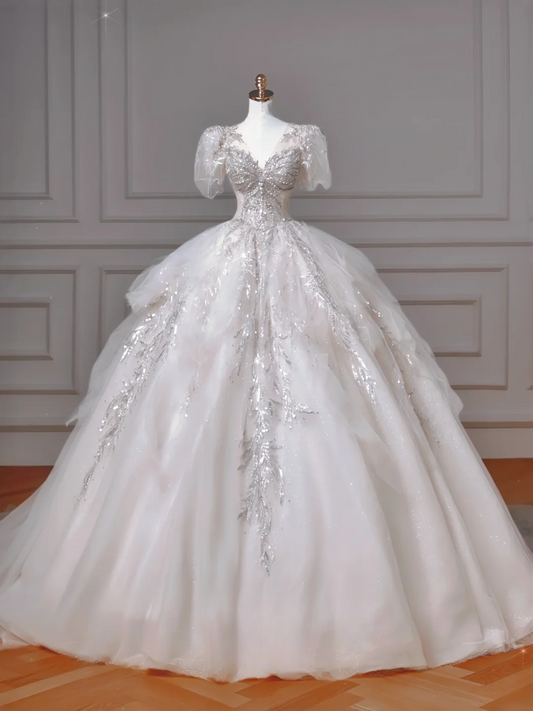 Zeitloses Ballkleid V-Ausschnitt Kurzarm Tüll mit Spitze Applikationen Perlen Kristalle Prinzessinnen Brautkleid Hochzeitskleider MP009