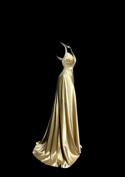 Modest Mermaid Champagne Halter Satin With Beading Backless Prom Dresses Long Formal Dress Graduation Gown MP507