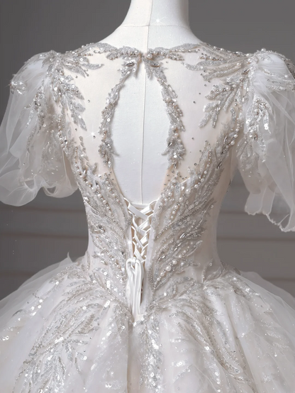 Timeless Ball Gown V Neck Short Sleeves Tulle With Lace Appliques Beaded Crystals Princess Bridal Gown Wedding Dresses MP009