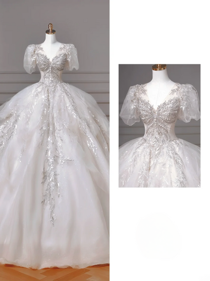 Timeless Ball Gown V Neck Short Sleeves Tulle With Lace Appliques Beaded Crystals Princess Bridal Gown Wedding Dresses MP009