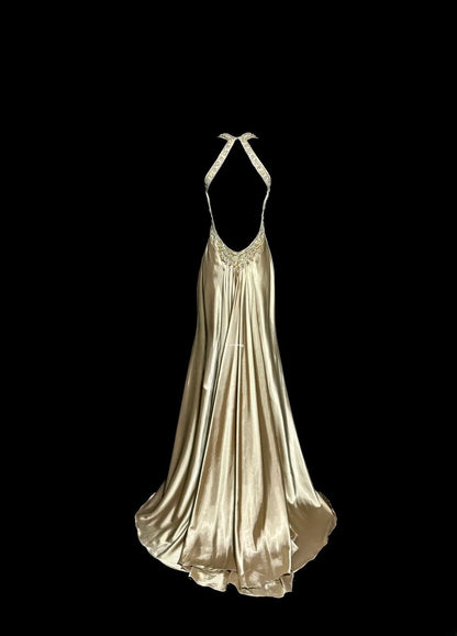 Modest Mermaid Champagne Halter Satin With Beading Backless Prom Dresses Long Formal Dress Graduation Gown MP507