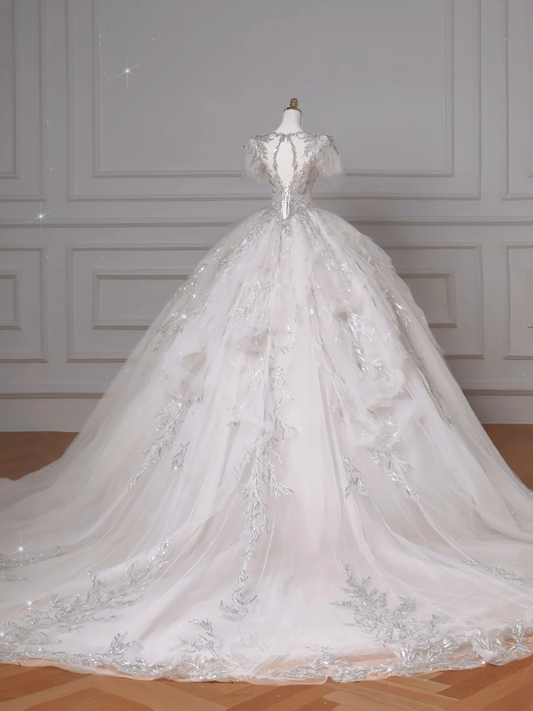 Zeitloses Ballkleid V-Ausschnitt Kurzarm Tüll mit Spitze Applikationen Perlen Kristalle Prinzessinnen Brautkleid Hochzeitskleider MP009