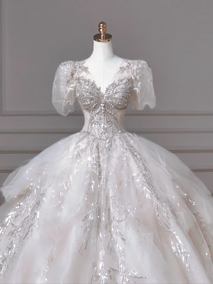 Timeless Ball Gown V Neck Short Sleeves Tulle With Lace Appliques Beaded Crystals Princess Bridal Gown Wedding Dresses MP009