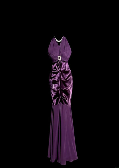 Modest Mermaid Purple Chiffon Halter Satin With Beading Backless Prom Dresses Long Formal Dress Graduation Gown MP508