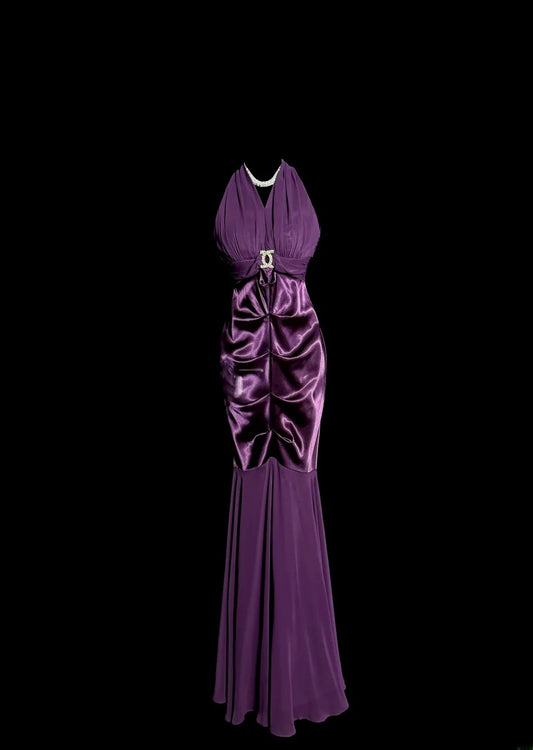 Modest Mermaid Purple Chiffon Halter Satin With Beading Backless Prom Dresses Long Formal Dress Graduation Gown MP508