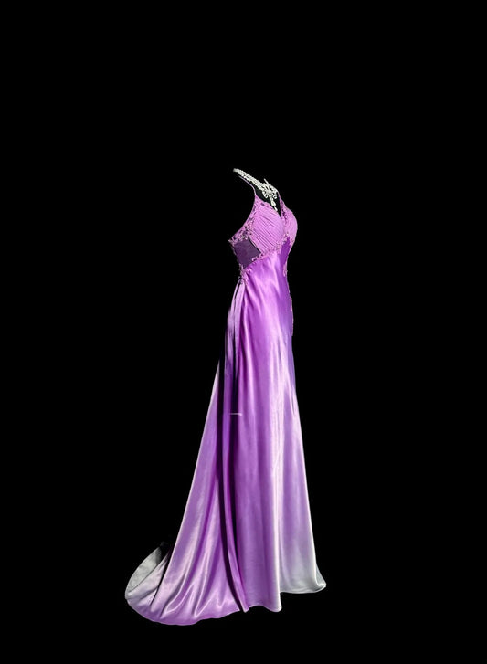 Modest Mermaid Ombre Purple Halter Satin With Appliques Backless Prom Dresses Long Formal Dress Graduation Gown MP509