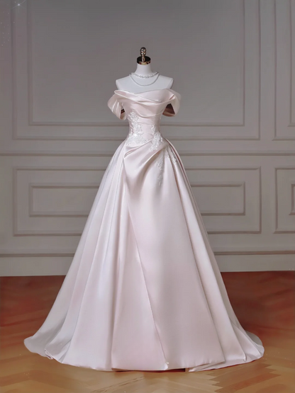 Zeitloses Ballkleid Trägerlos Hellrosa Satin Mit Spitzenapplikationen Abnehmbare Ärmel Prinzessin Brautkleid Hochzeitskleider MP010