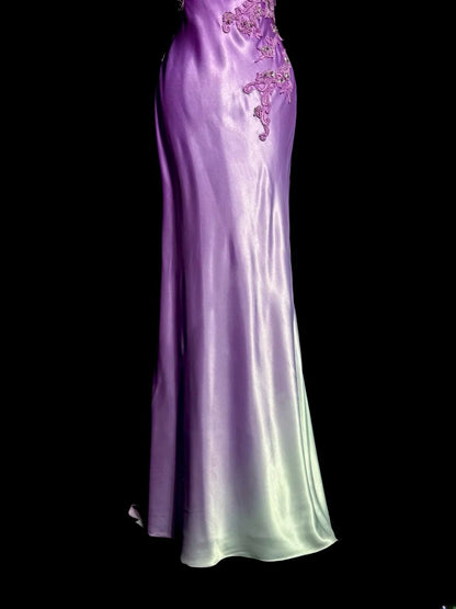 Modest Mermaid Ombre Purple Halter Satin With Appliques Backless Prom Dresses Long Formal Dress Graduation Gown MP509