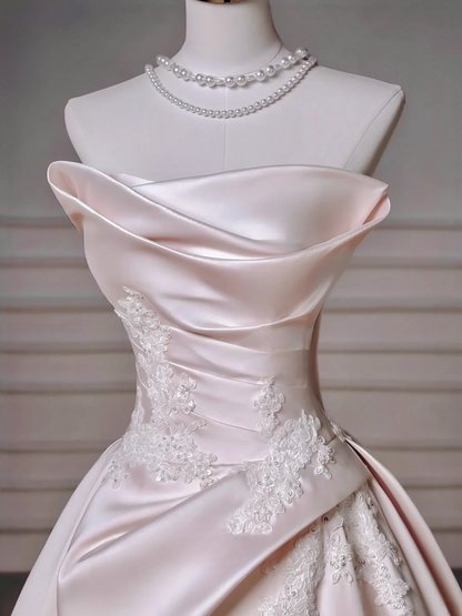 Zeitloses Ballkleid Trägerlos Hellrosa Satin Mit Spitzenapplikationen Abnehmbare Ärmel Prinzessin Brautkleid Hochzeitskleider MP010