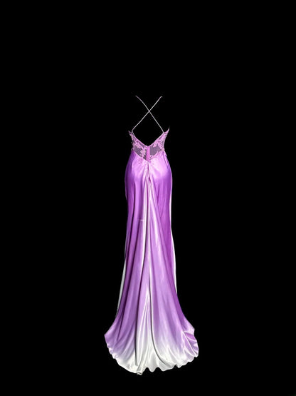 Modest Mermaid Ombre Purple Halter Satin With Appliques Backless Prom Dresses Long Formal Dress Graduation Gown MP509