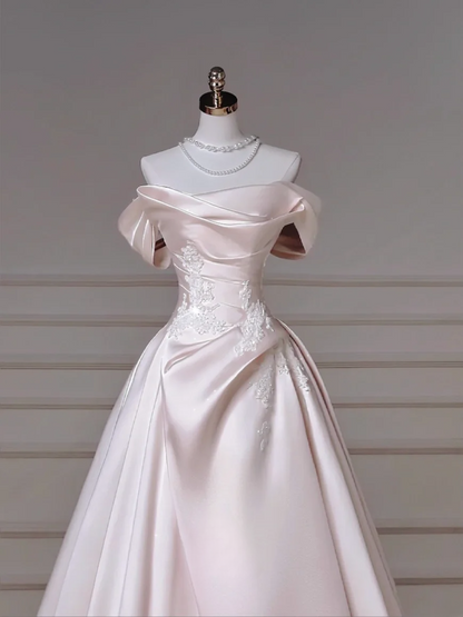 Zeitloses Ballkleid Trägerlos Hellrosa Satin Mit Spitzenapplikationen Abnehmbare Ärmel Prinzessin Brautkleid Hochzeitskleider MP010