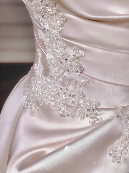 Zeitloses Ballkleid Trägerlos Hellrosa Satin Mit Spitzenapplikationen Abnehmbare Ärmel Prinzessin Brautkleid Hochzeitskleider MP010