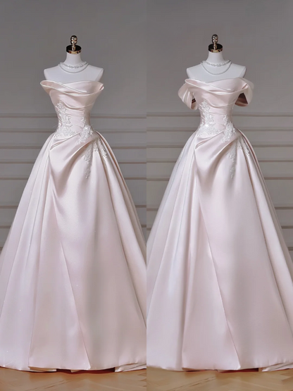Zeitloses Ballkleid Trägerlos Hellrosa Satin Mit Spitzenapplikationen Abnehmbare Ärmel Prinzessin Brautkleid Hochzeitskleider MP010