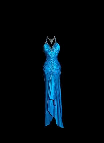 Modest Mermaid Royal Blue Halter Satin With Open Backs Prom Dresses Long Formal Dress Graduation Gown MP510