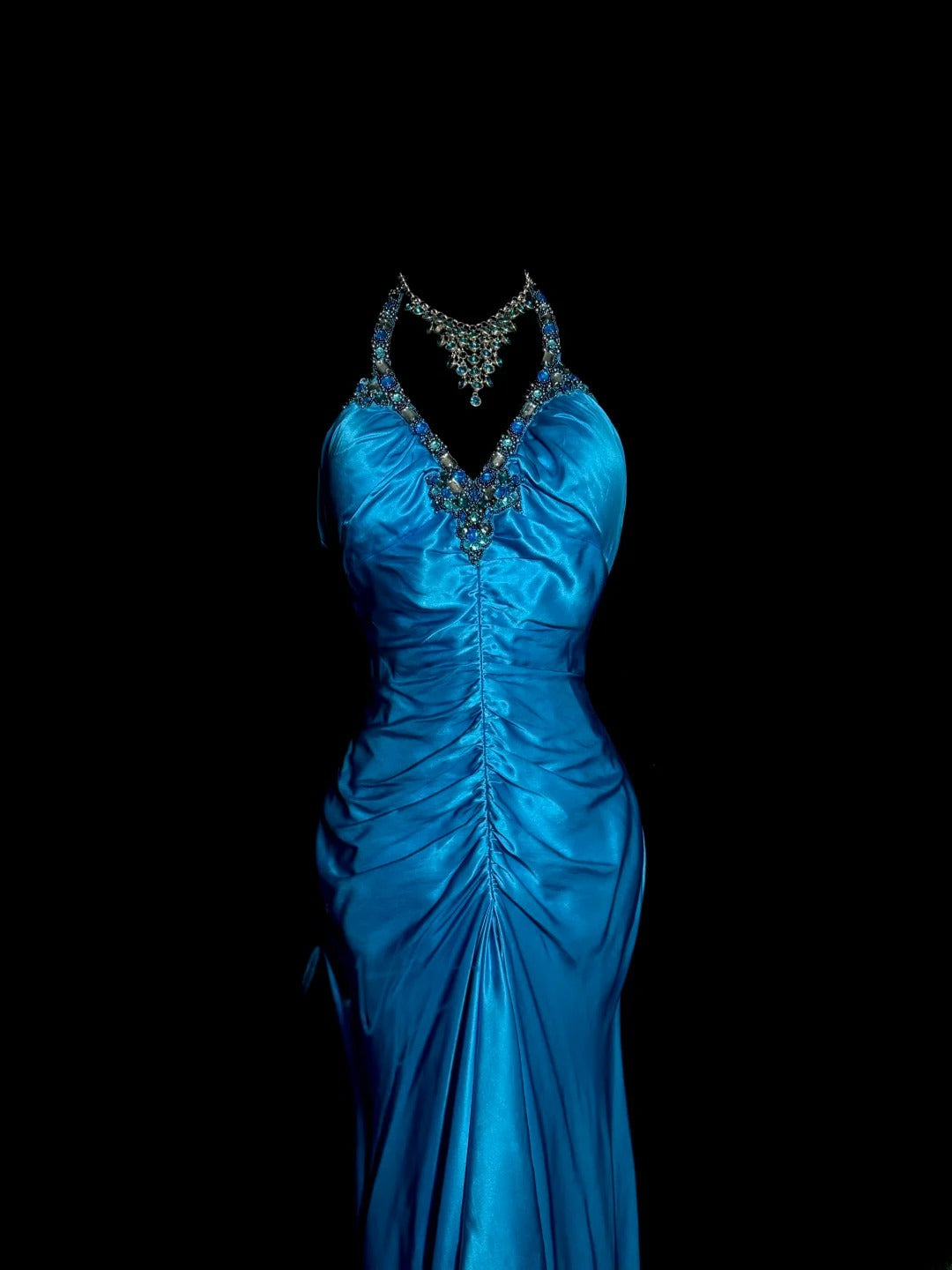 Modest Mermaid Royal Blue Halter Satin With Open Backs Prom Dresses Long Formal Dress Graduation Gown MP510