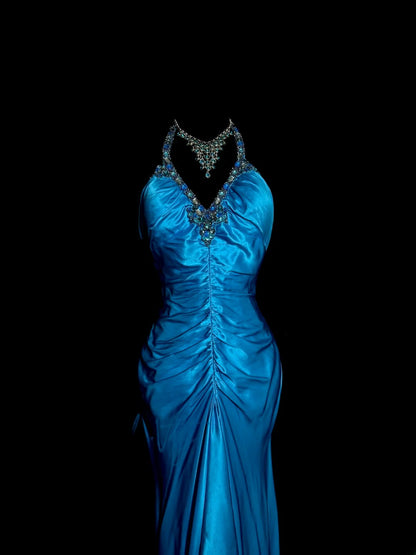 Modest Mermaid Royal Blue Halter Satin With Open Backs Prom Dresses Long Formal Dress Graduation Gown MP510