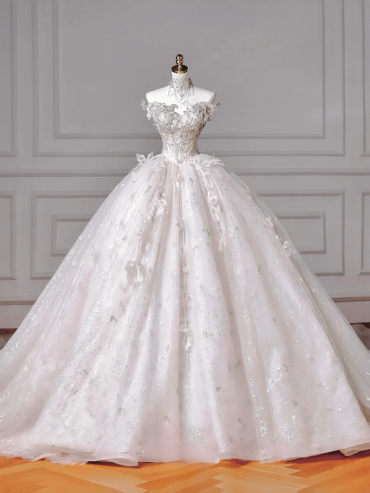 Zeitloses Ballkleid, herzförmiger Ausschnitt, Spitze, ärmellos, mit Perlen- und Kristalloberteil, Brautkleider, Prinzessin-Hochzeitskleider MP011